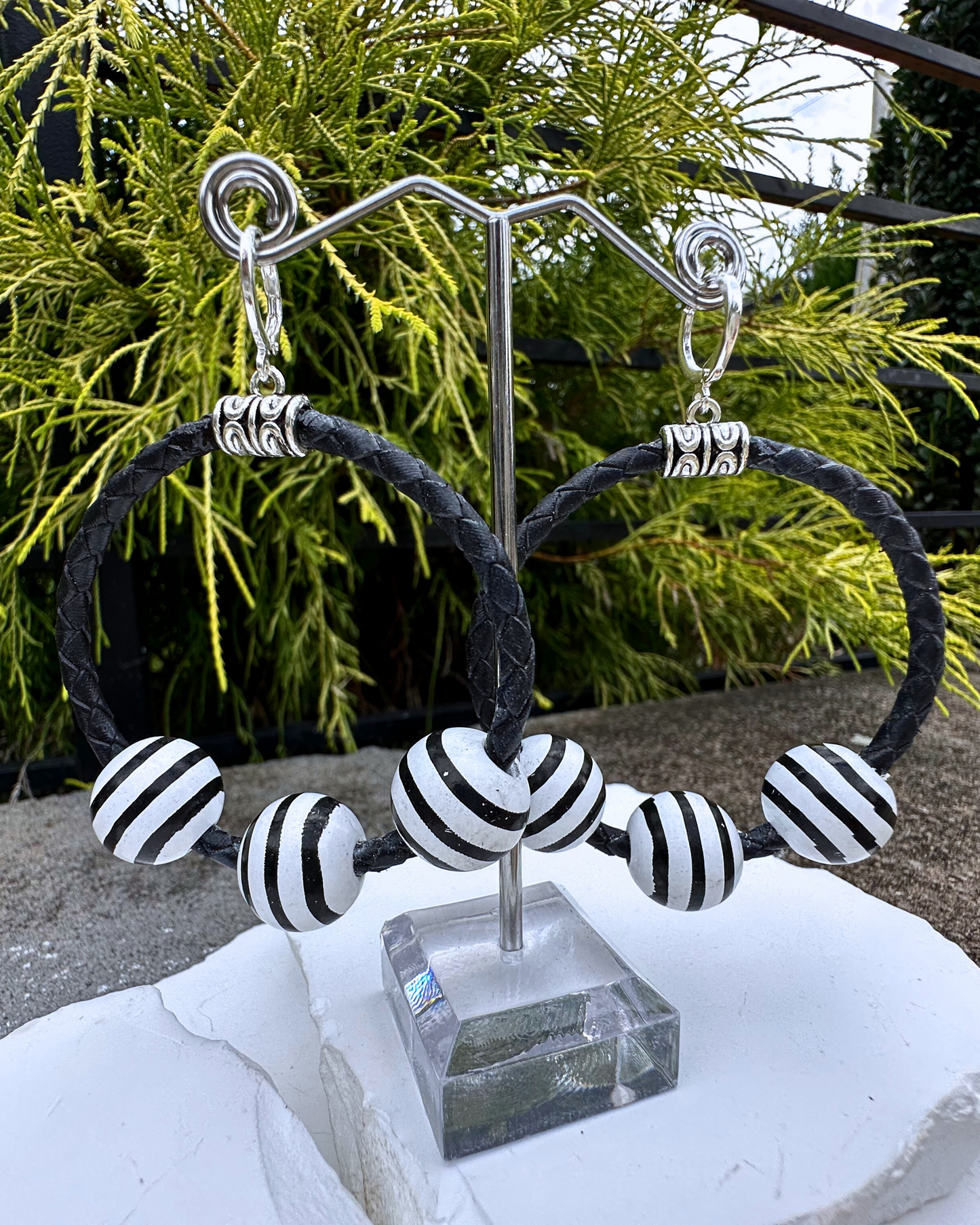 Black White Stripe Wood Hoops