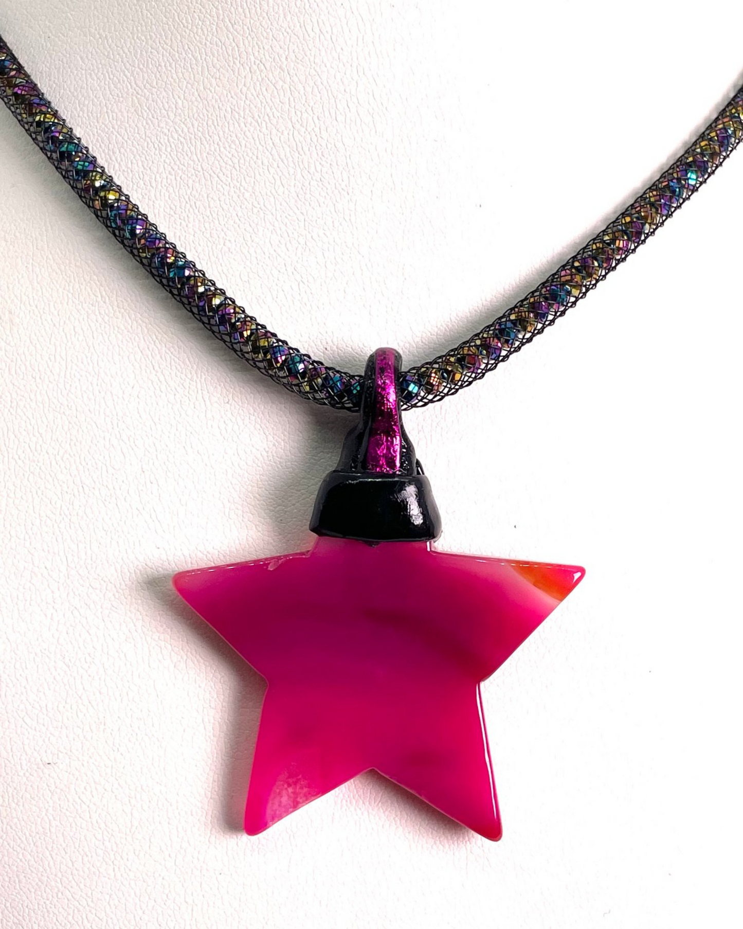 Pink Agate Star on Multicolored Mesh Crystal Cording