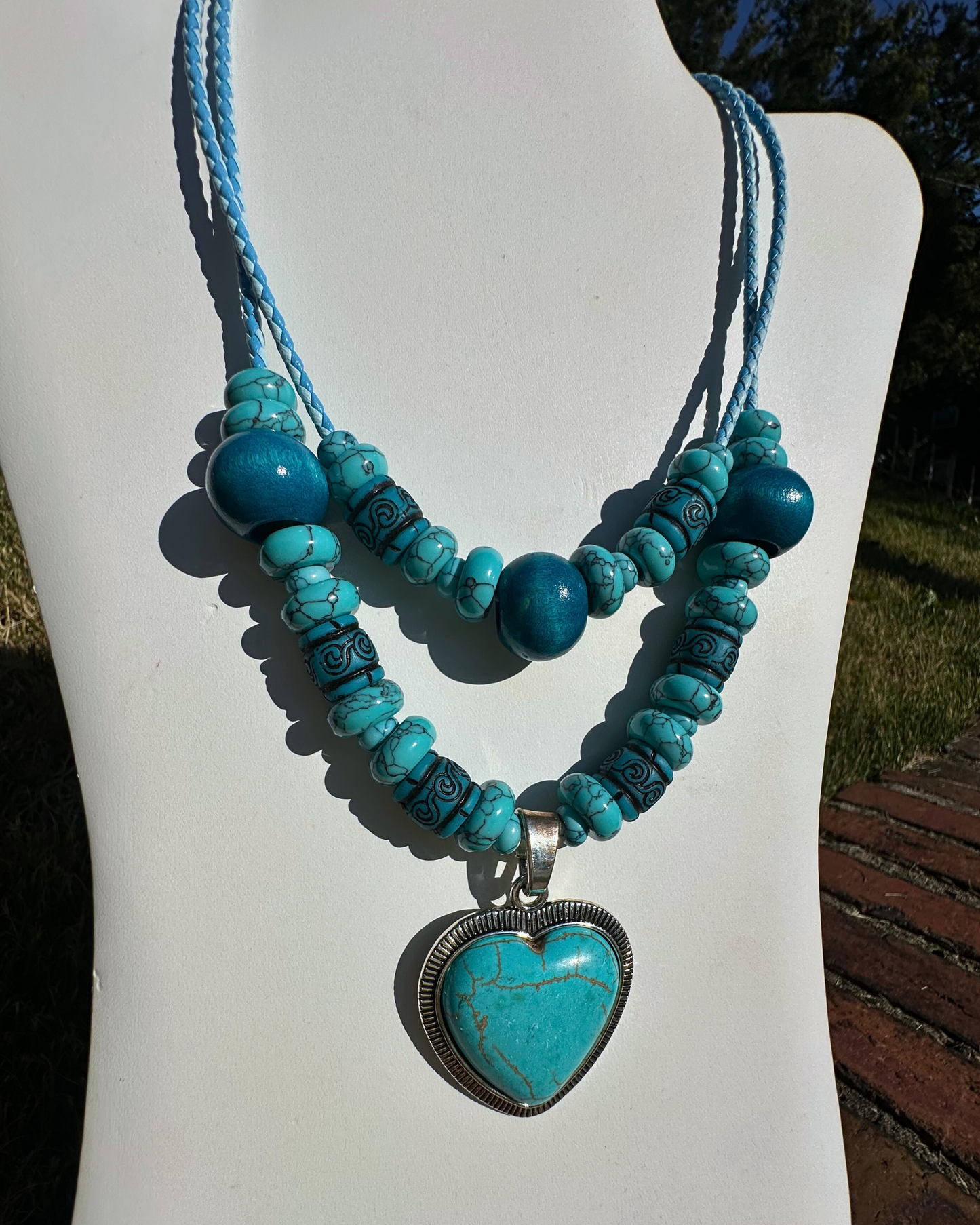 Two Strands of Turquoise w/ Heart Necklace