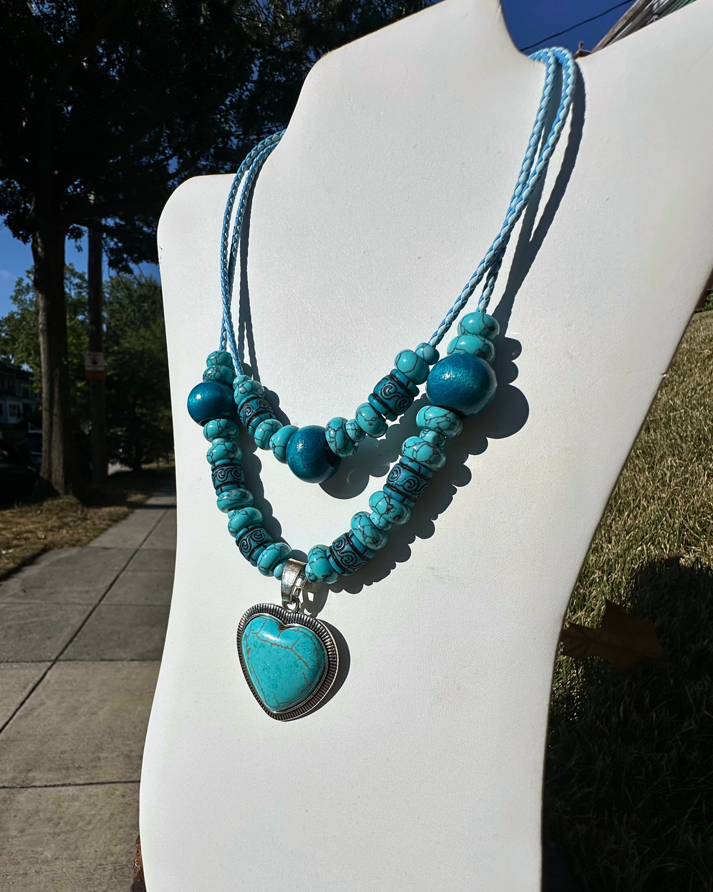 Two Strands of Turquoise w/ Heart Necklace