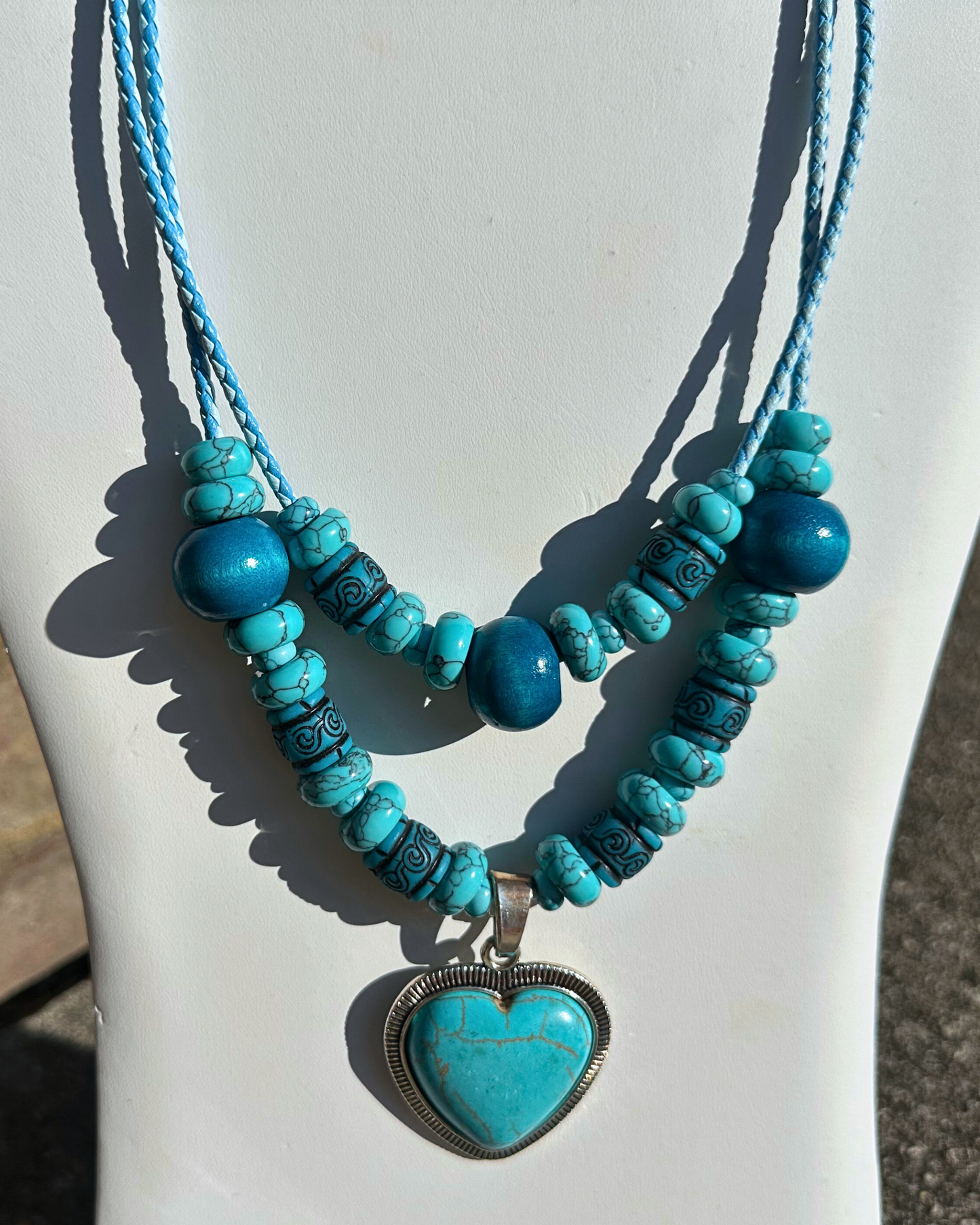 Two Strands of Turquoise w/ Heart Necklace