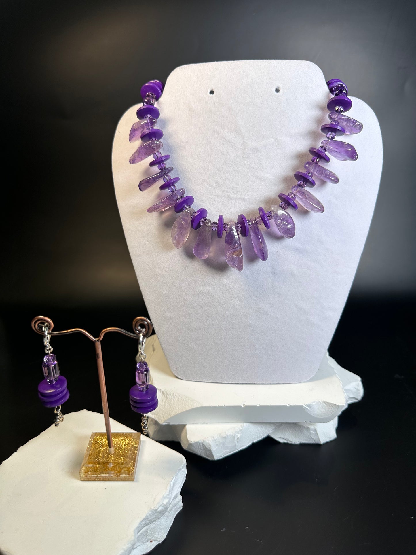 Amethyst Drops w/ Wood Rondels Necklace