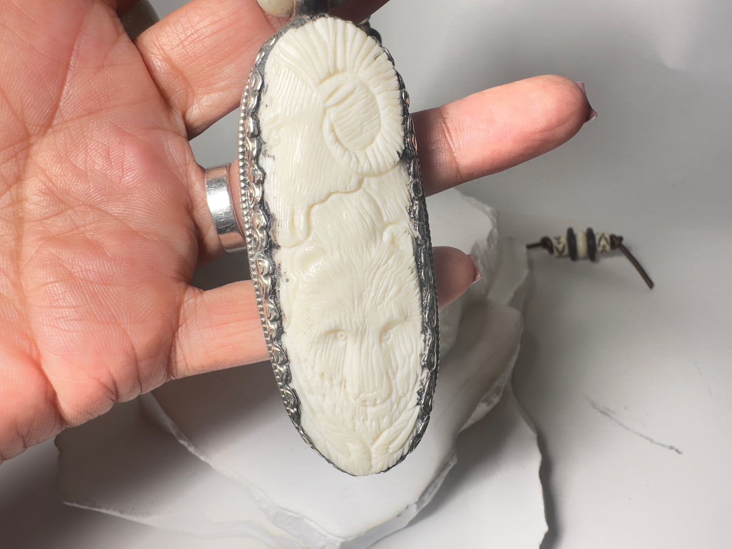 Ivory Color Carved Bear Pendant