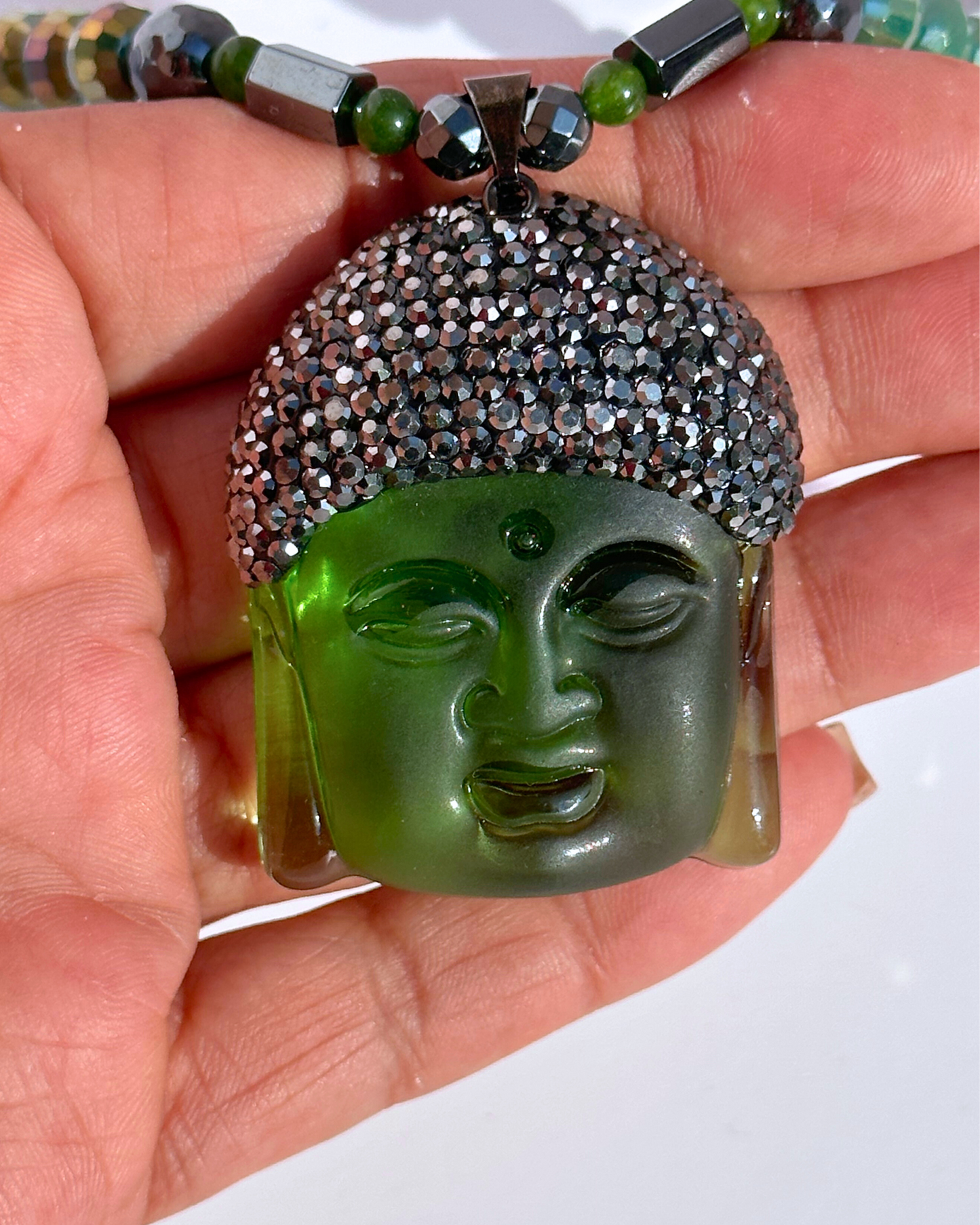 Green Tranquil Buddha Treasures Necklace