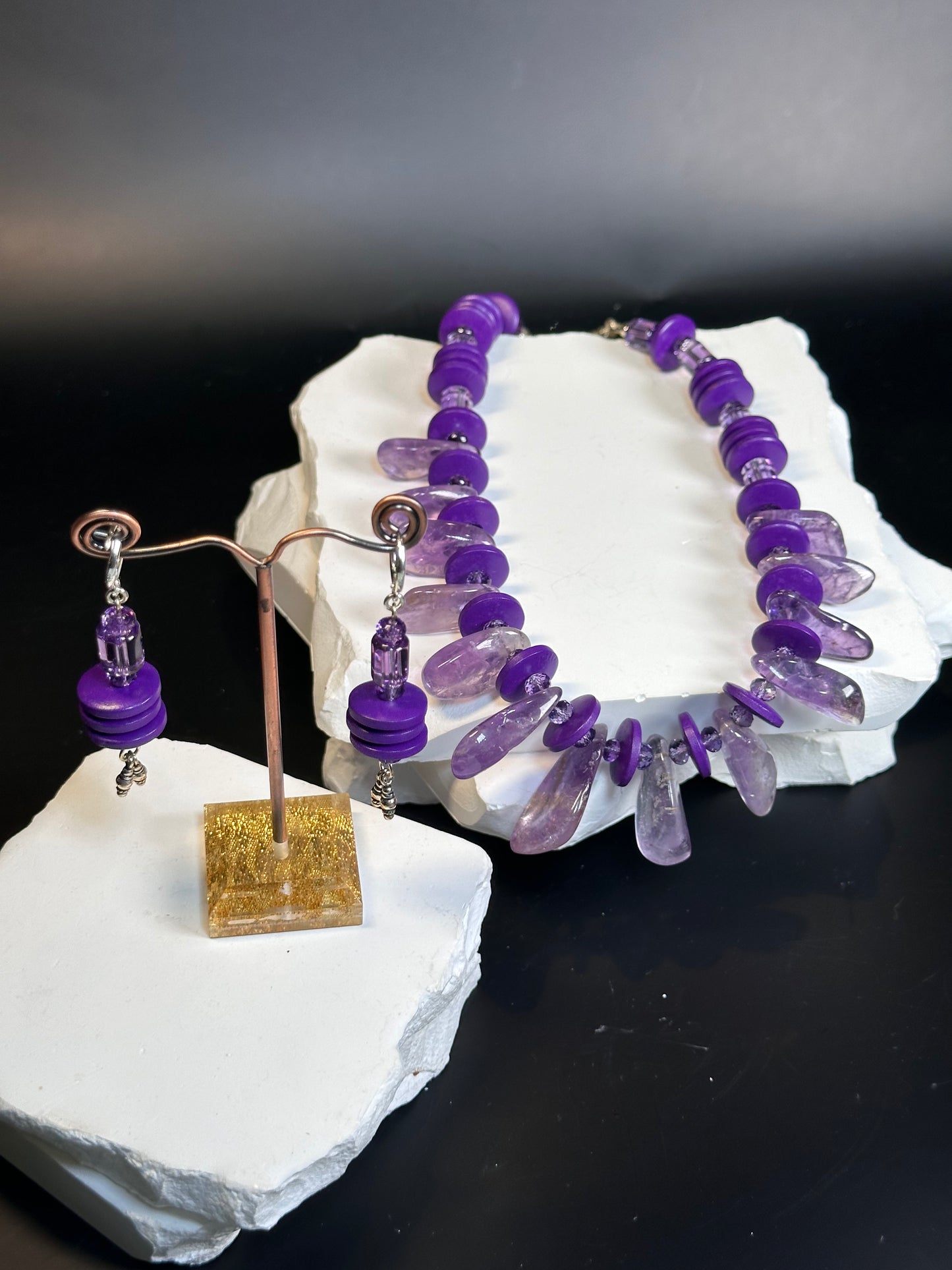 Amethyst Drops w/ Wood Rondels Necklace
