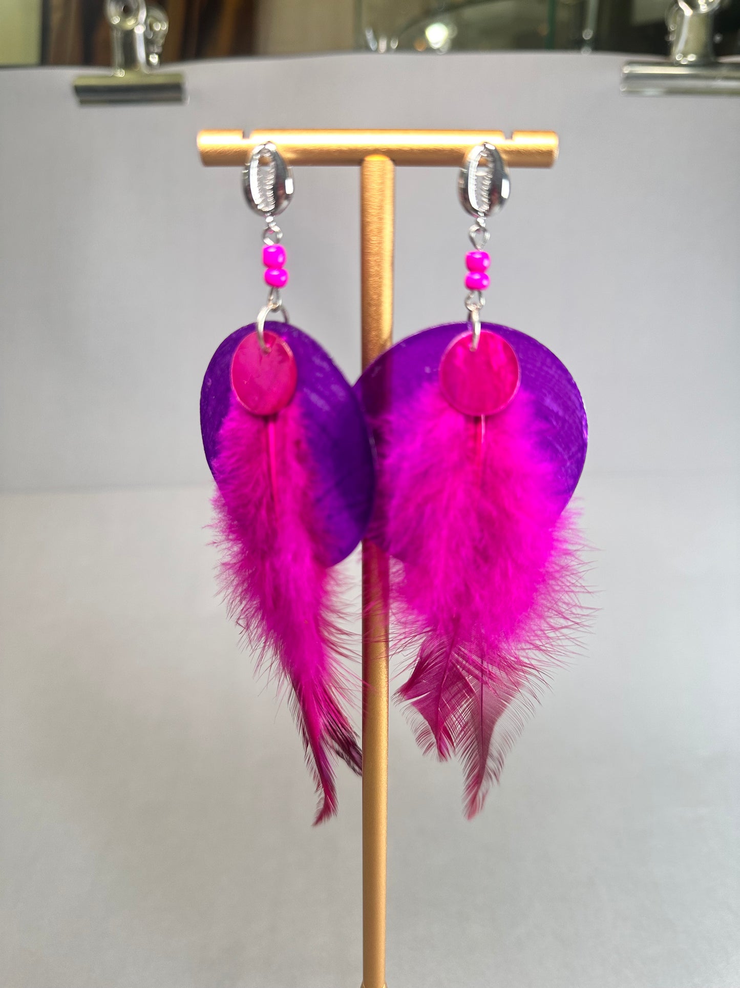 Flying Feushia Feather Earrings