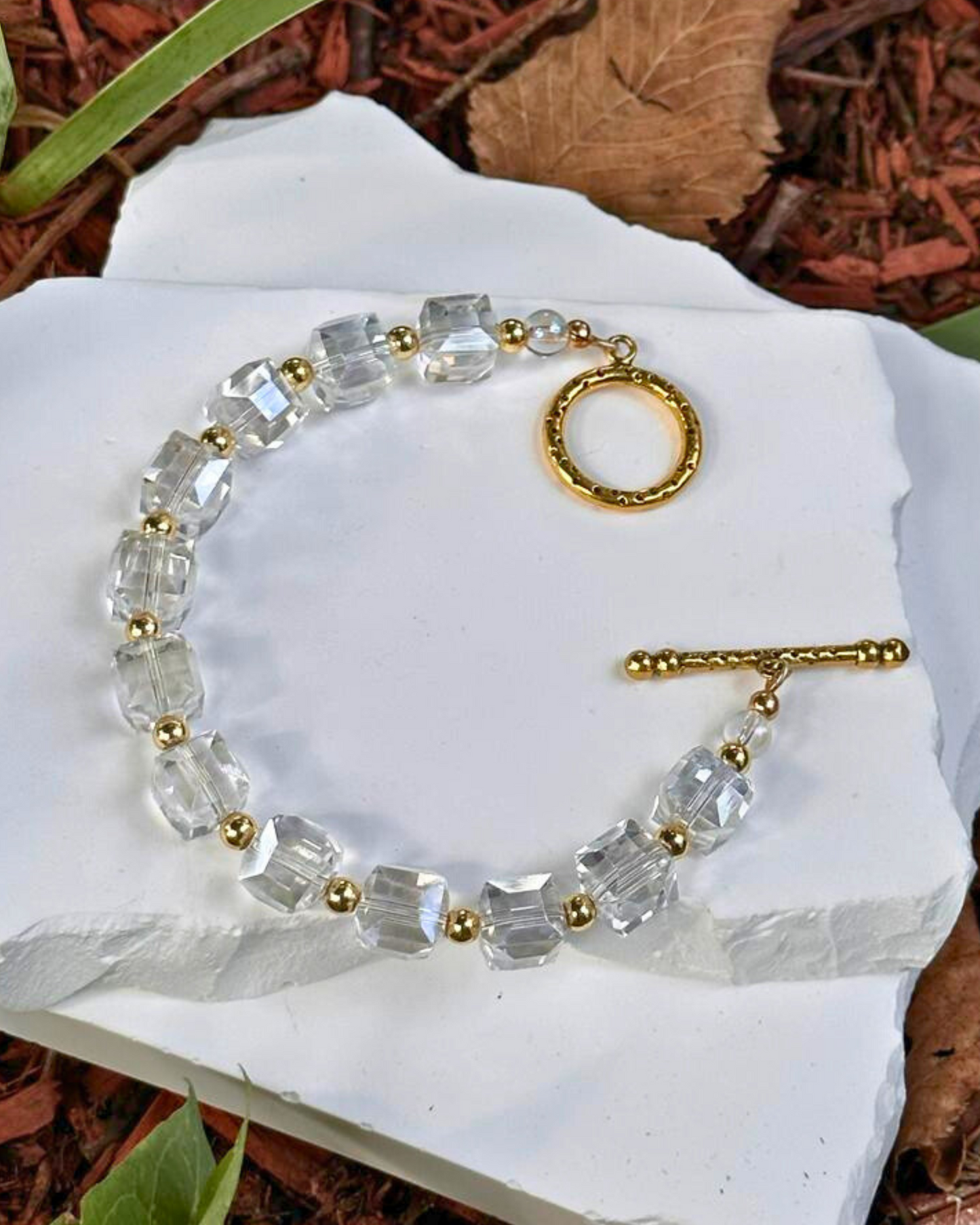 Chinese Crystal and Gold Hematite Square Bracelet