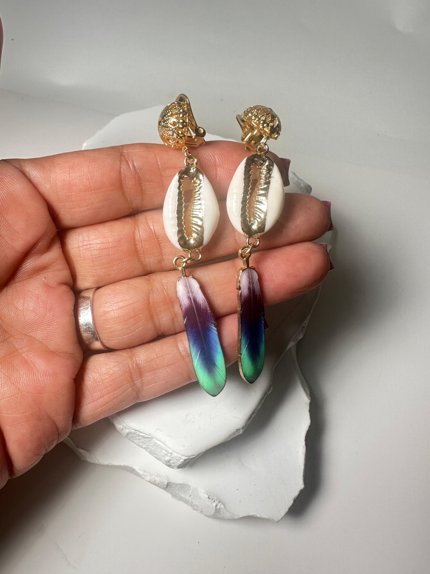Cowry Shell Feathers CLIP ONS