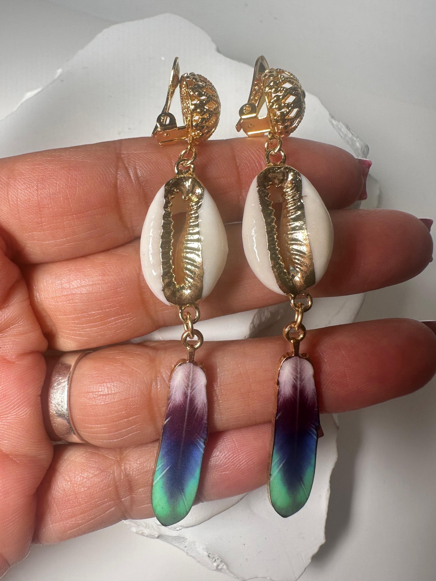 Cowry Shell Feathers CLIP ONS