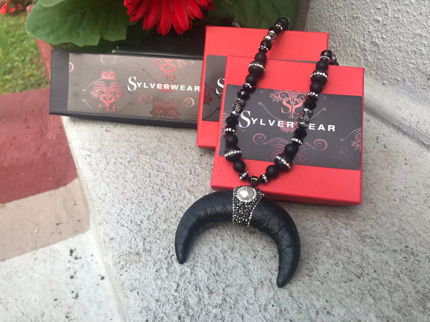 Black Leather horn w/ hematite and pearl detail (LAST ONE)
