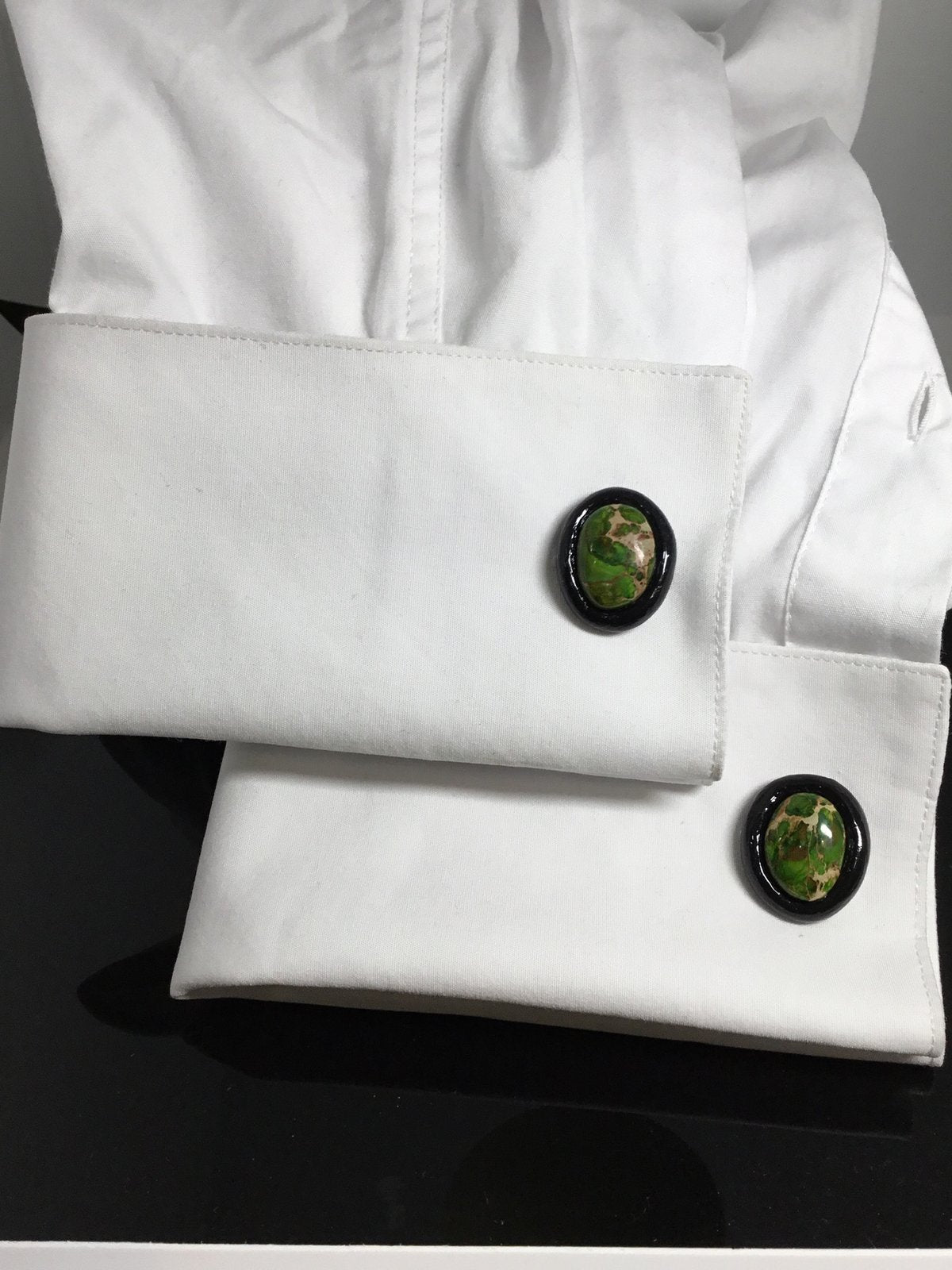 Cufflinks: Green Oval Agate Set in Black