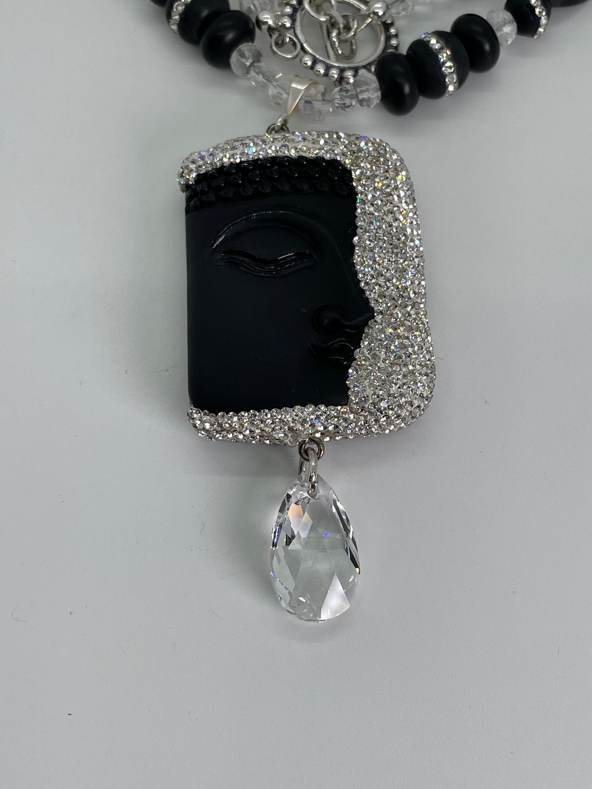 Buddha Black Face with Clear Crystals Teardrop Extension