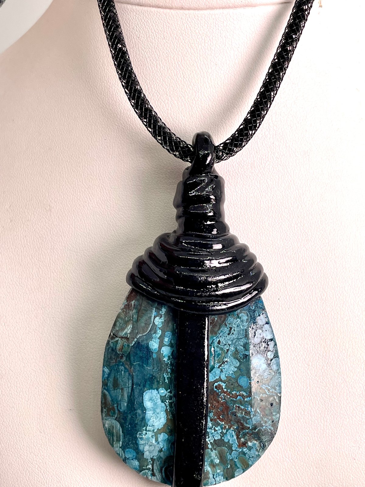 Blue Agate "Ladybug" Set in Black