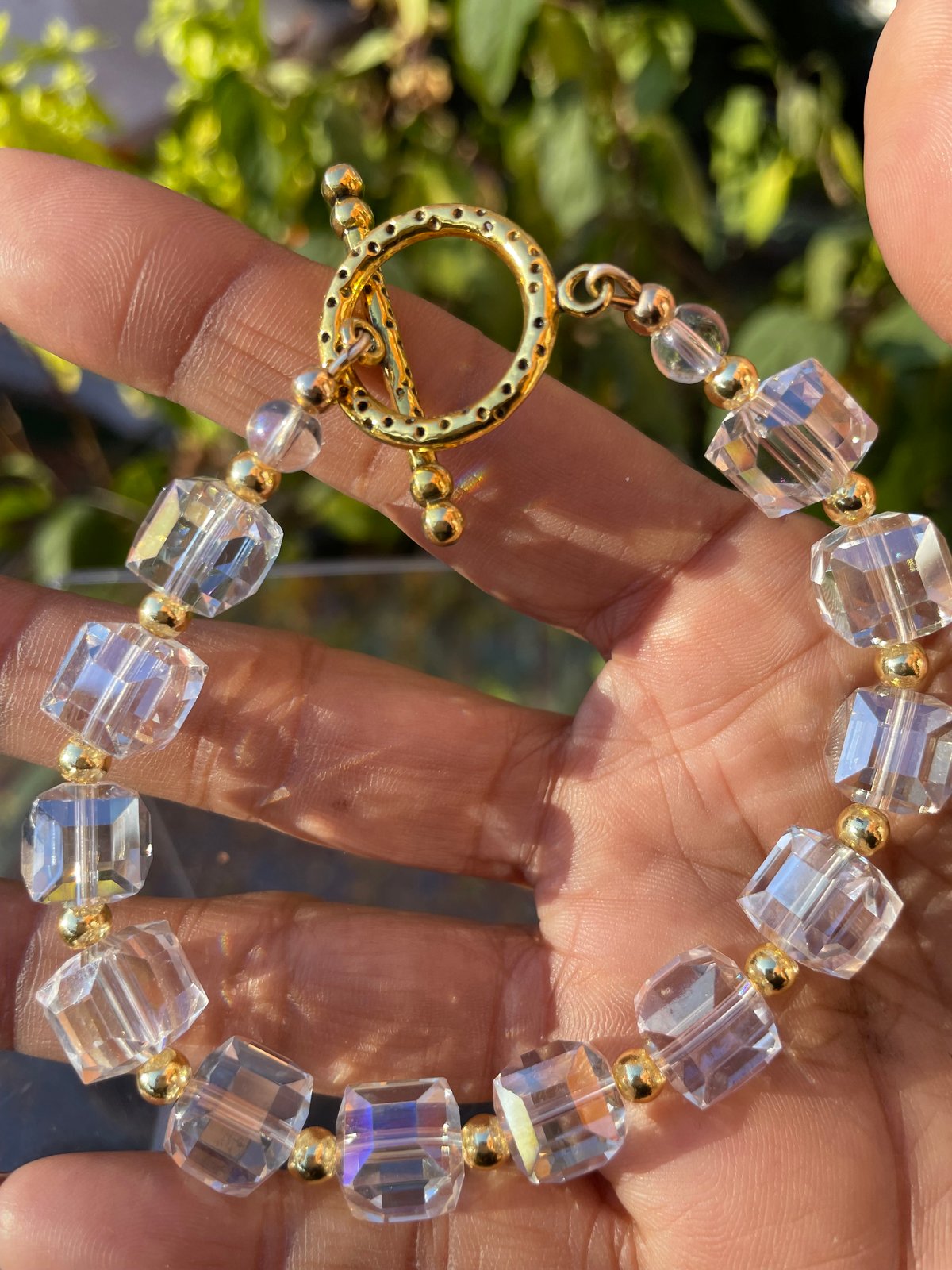 Chinese Crystal and Gold Hematite Square Bracelet