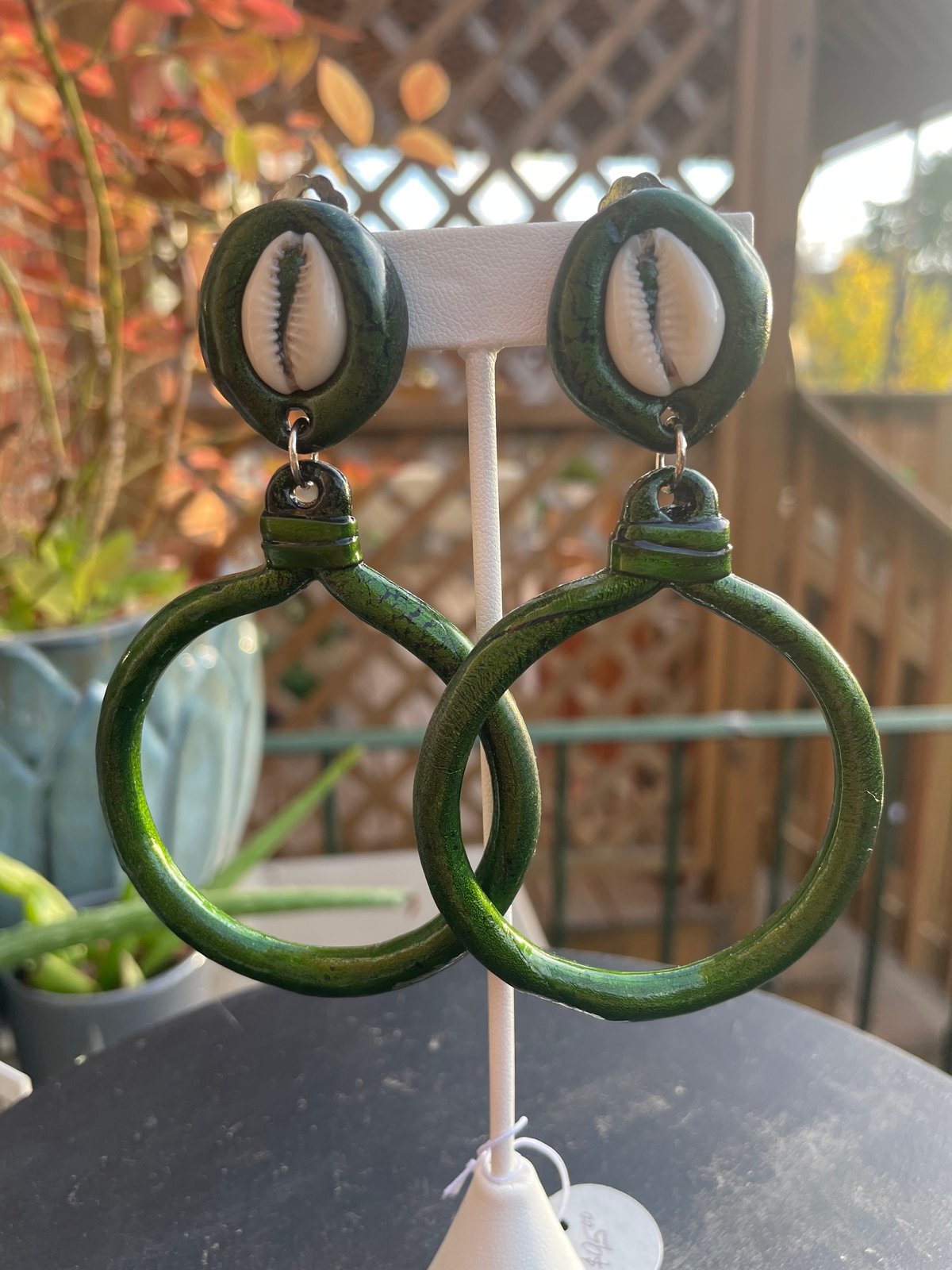 Green Cowry Shell Top Hoops Clip-ons