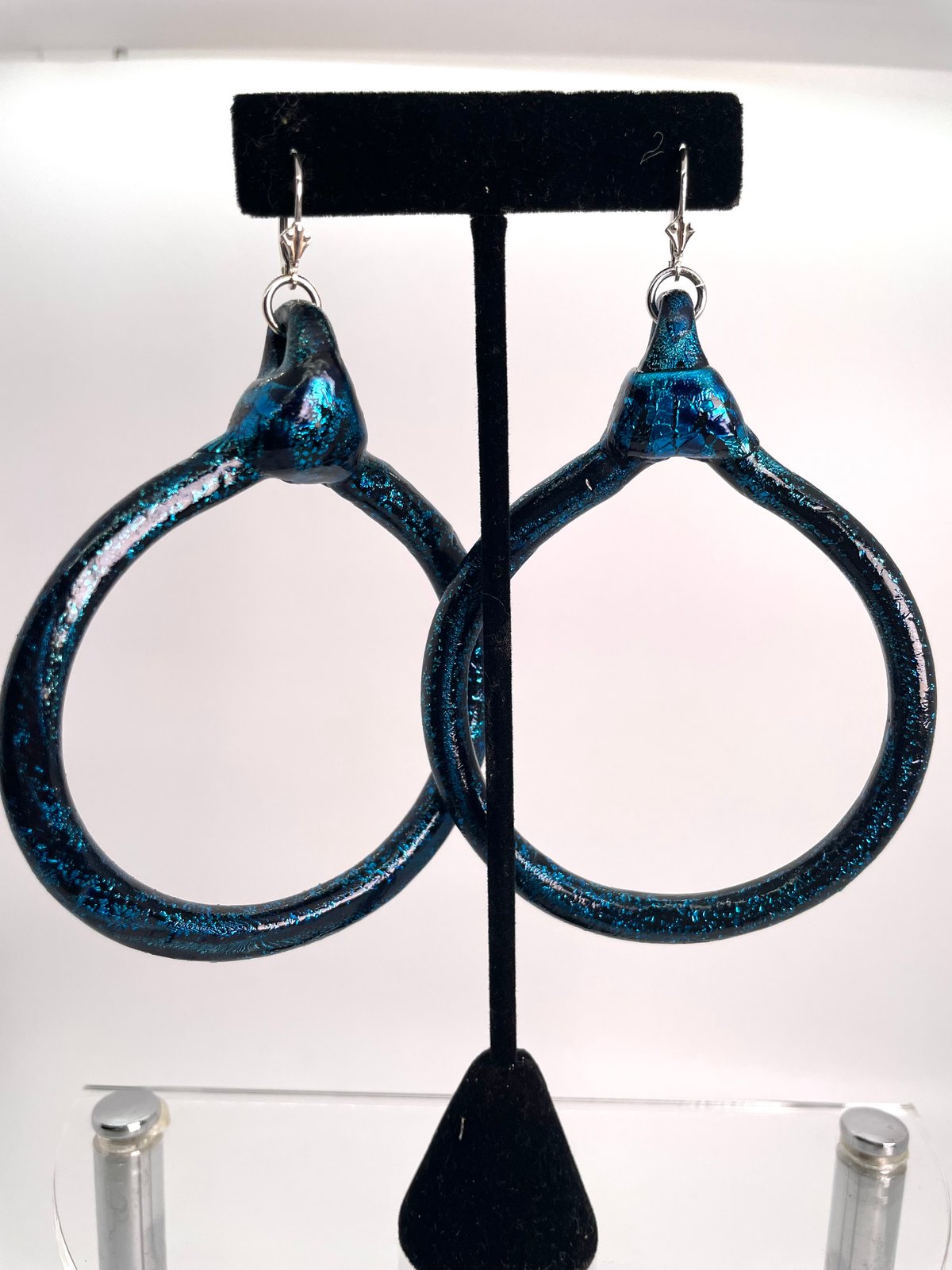 Large Dark Blue hoops/silver lever backs
