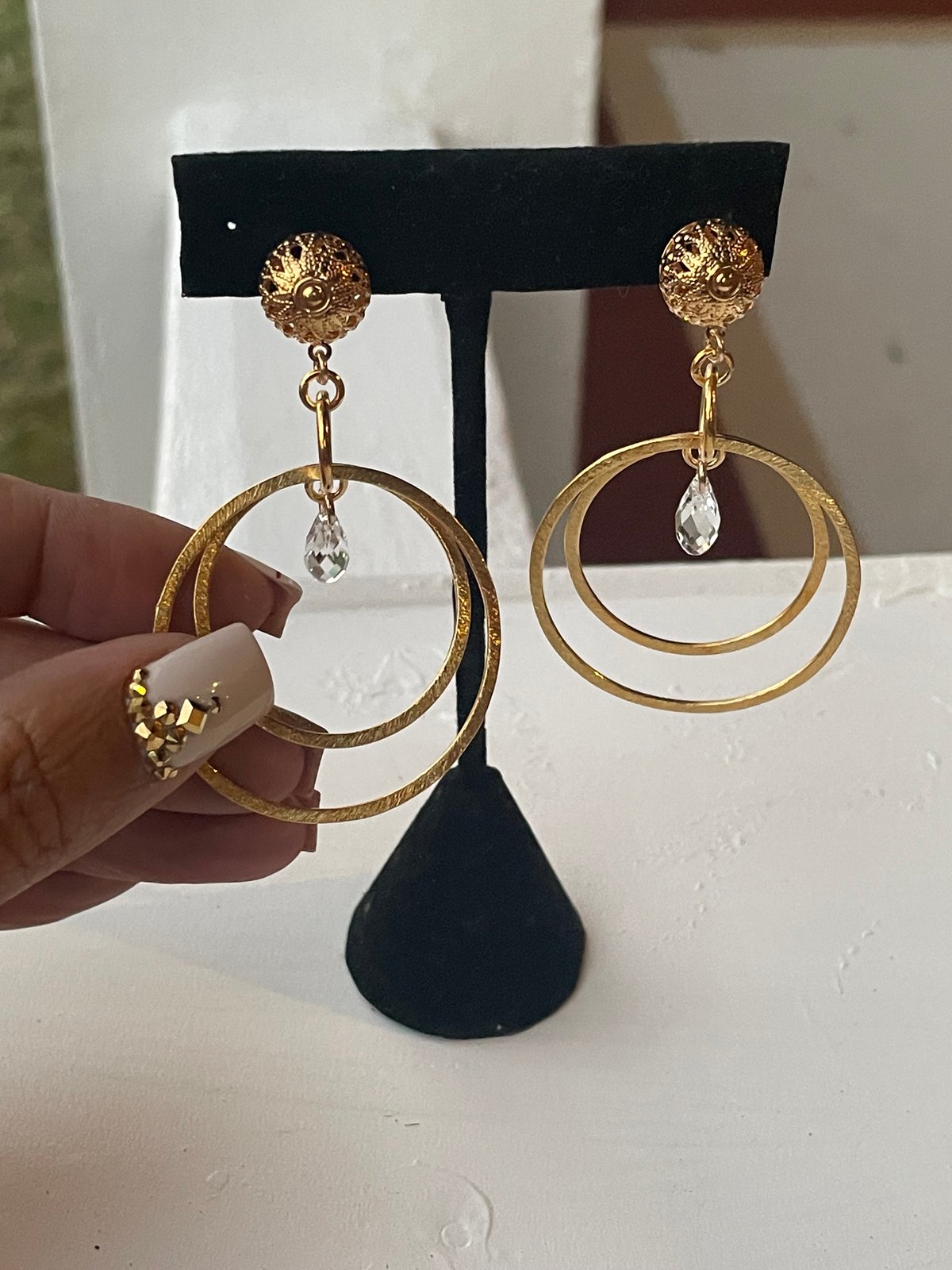 Gold Vermeil Double Hoops with Center Crystal Clip-ons