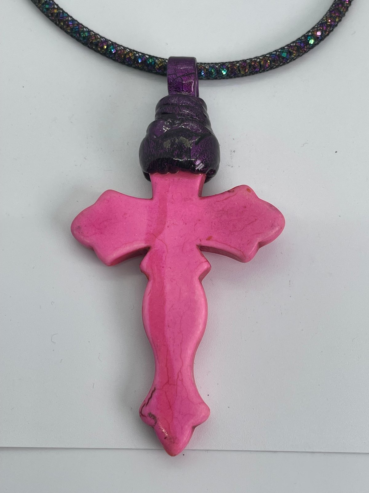 Pink Agate Cross with purple top wrap