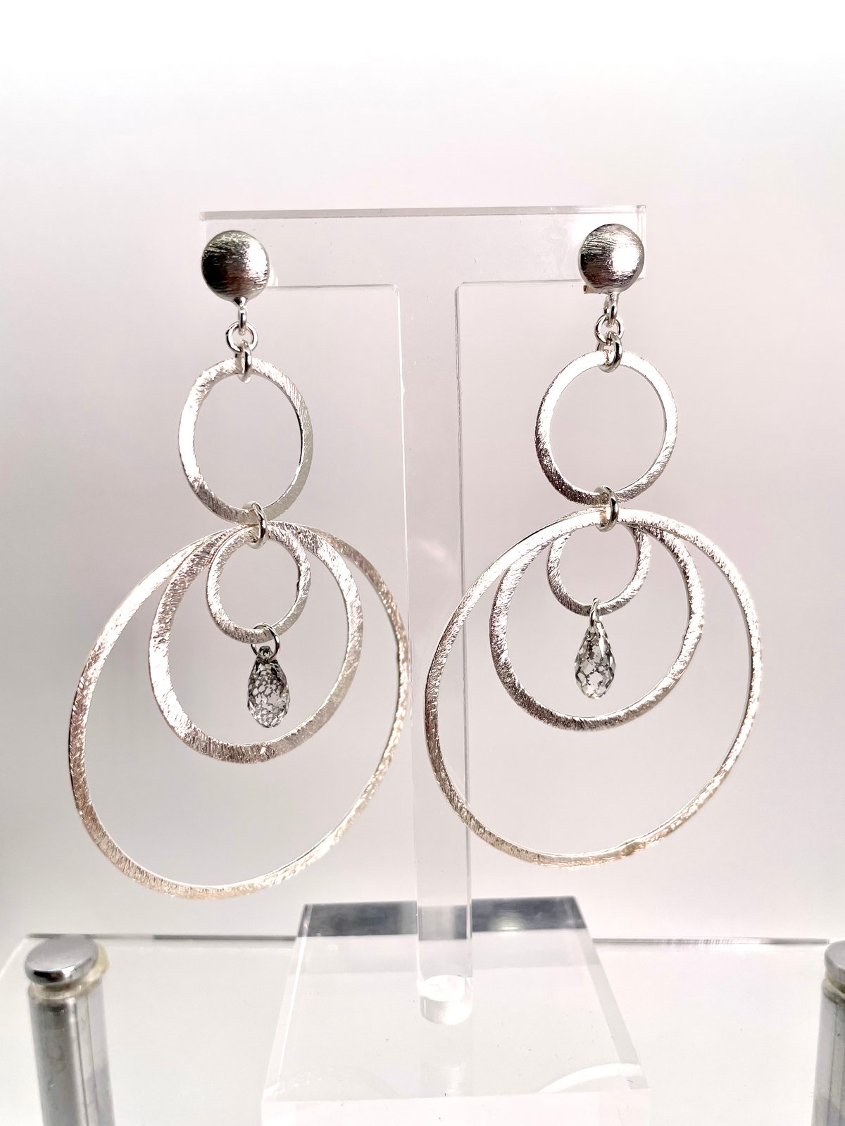 Sylver Brushed multi hoops with teardrop Crystal Dangle post back.