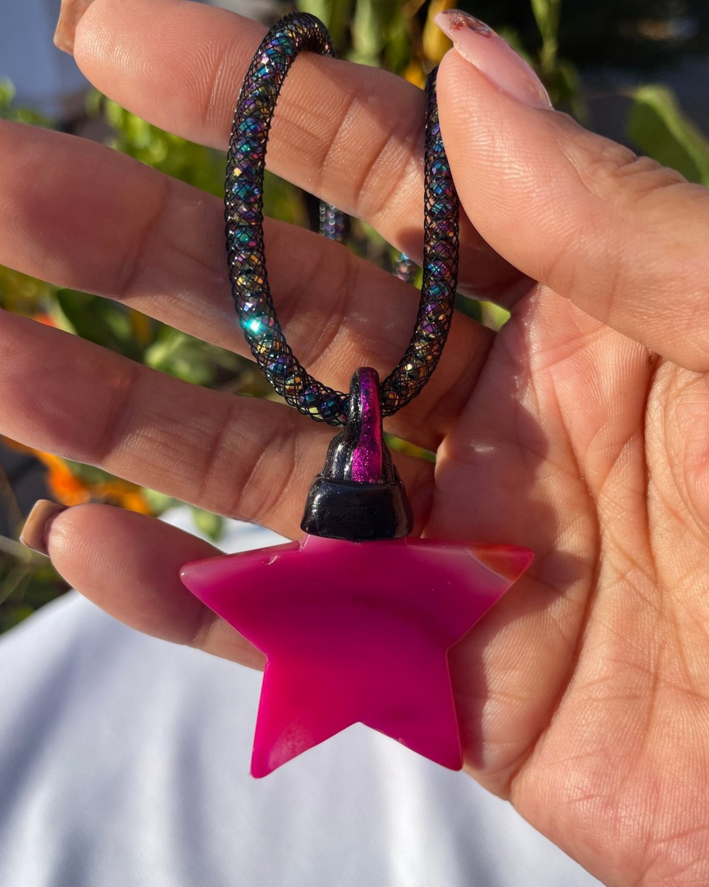 Pink Agate Star on Multicolored Mesh Crystal Cording