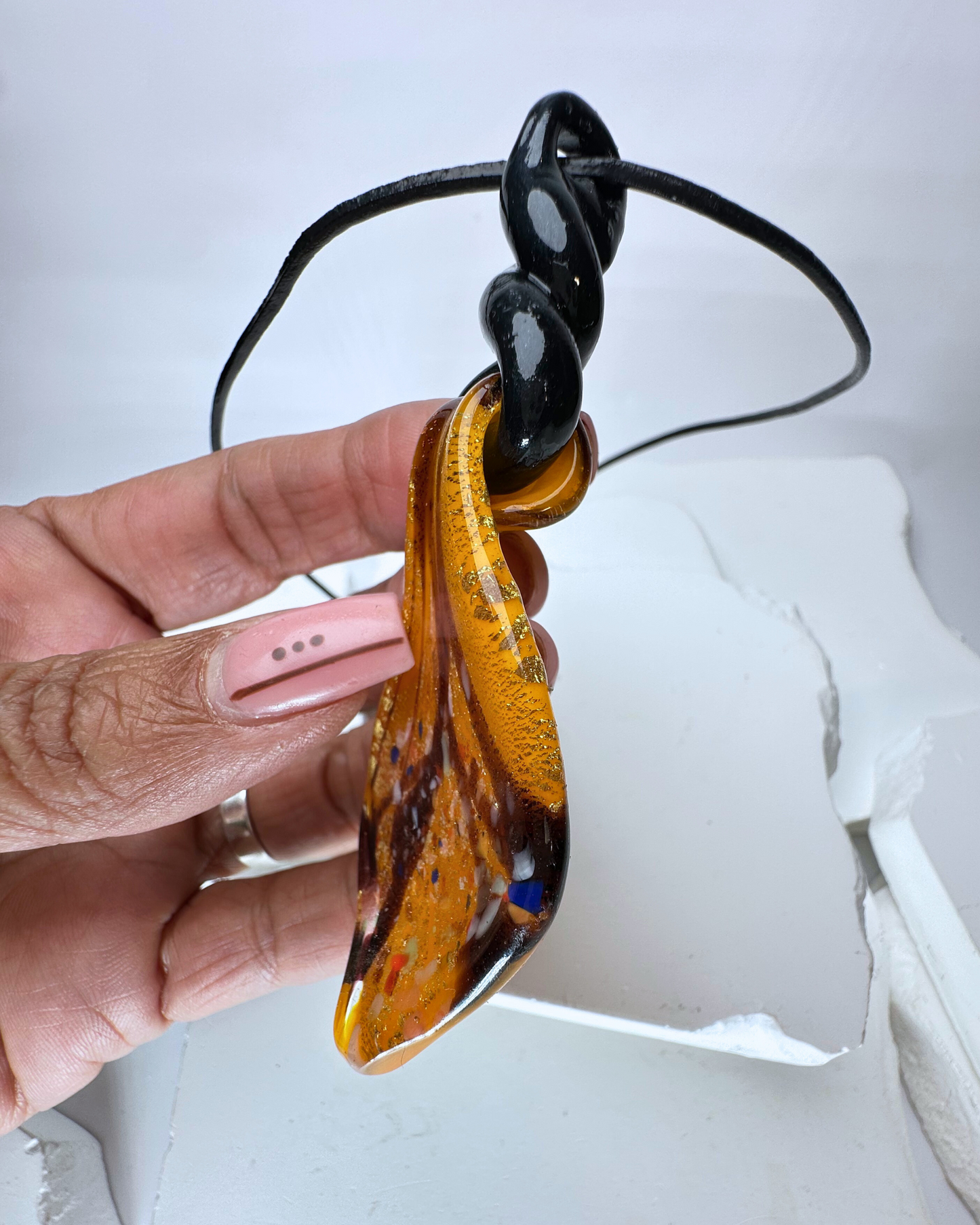 Yellow blown glass leaf top wrap twist