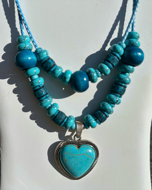 Two Strands of Turquoise w/ Heart Necklace