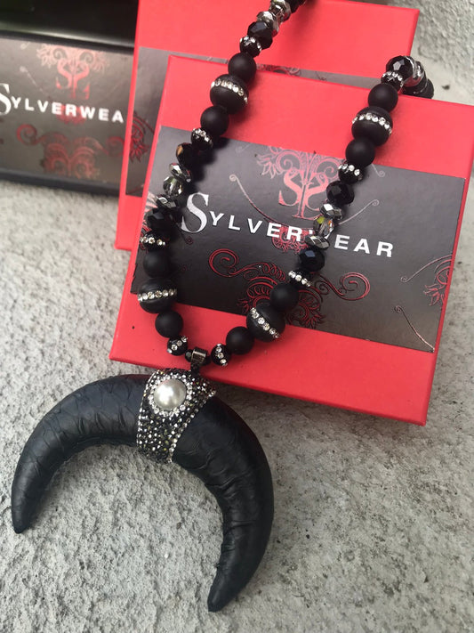 Black Leather horn w/ hematite and pearl detail (LAST ONE)
