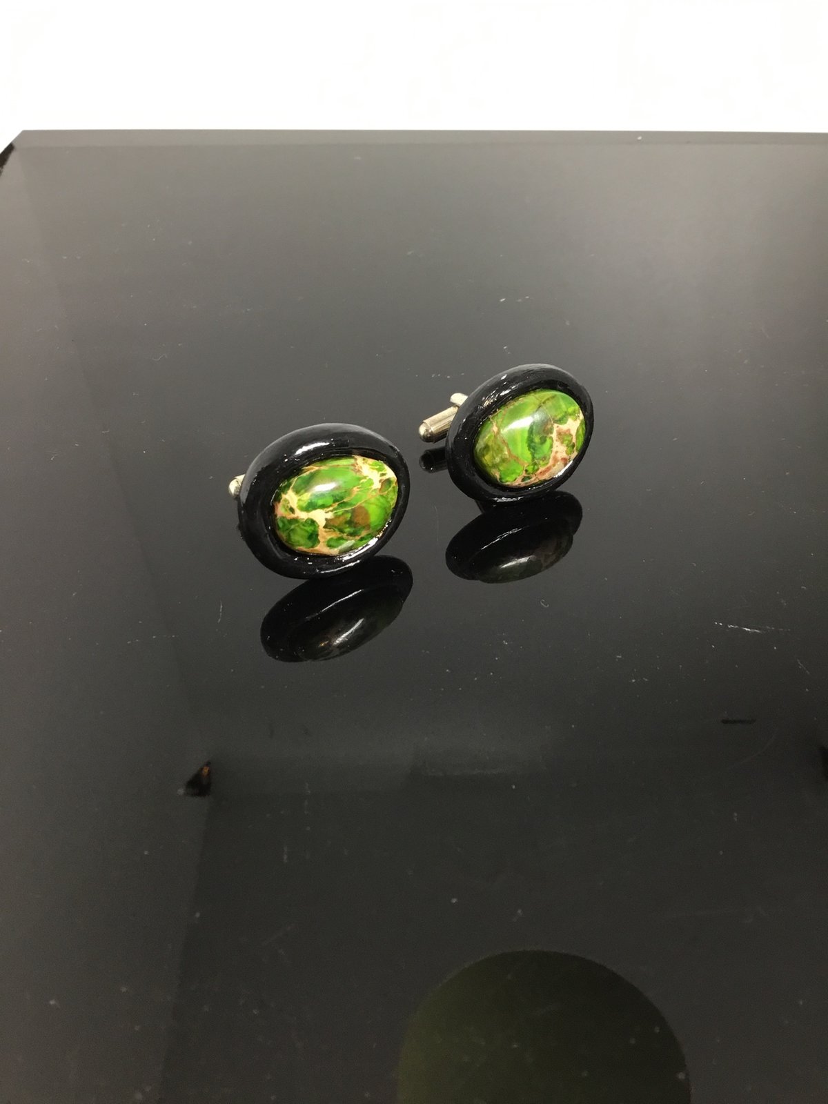 Cufflinks: Green Oval Agate Set in Black