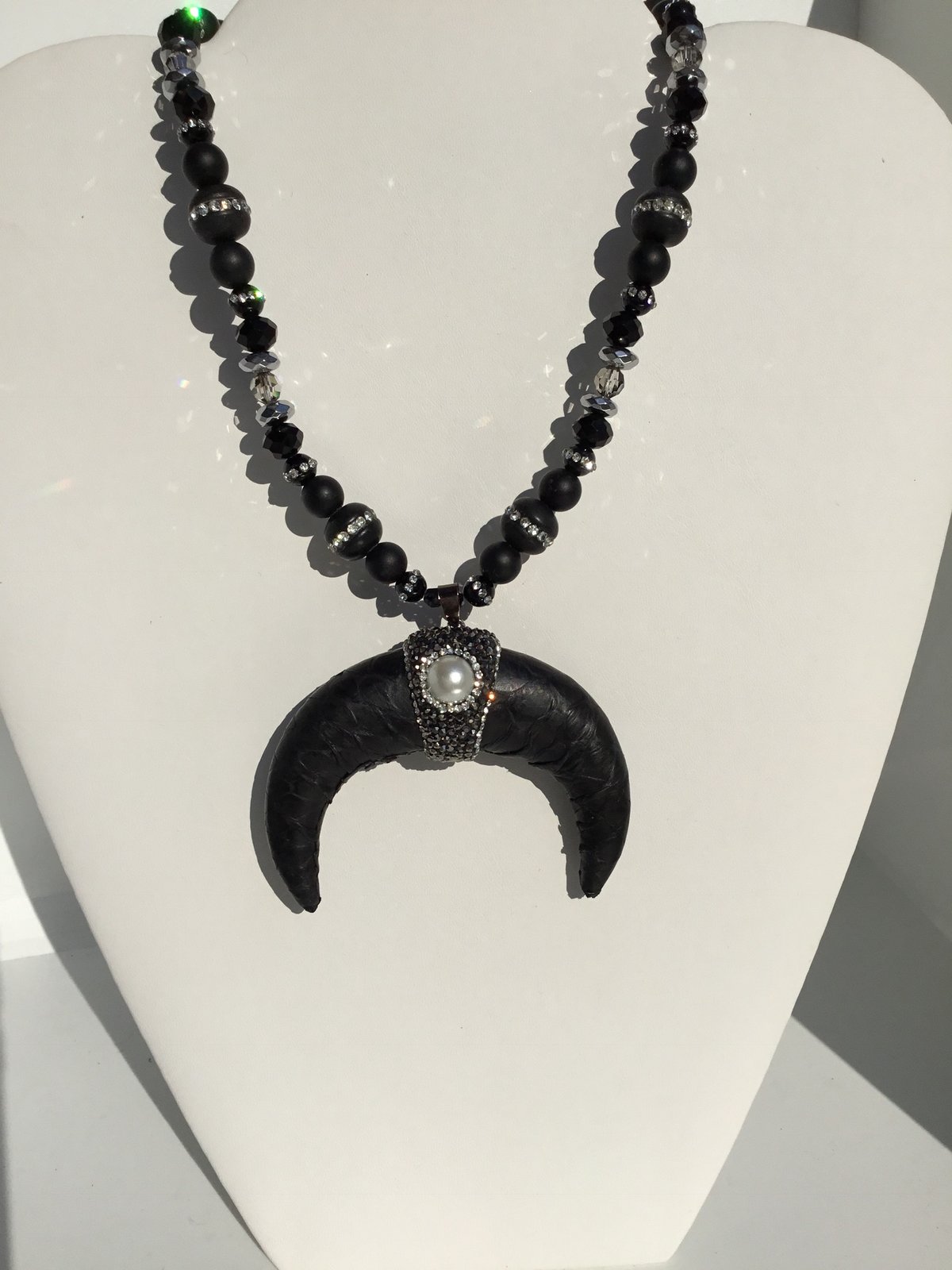 Black Leather horn w/ hematite and pearl detail (LAST ONE)