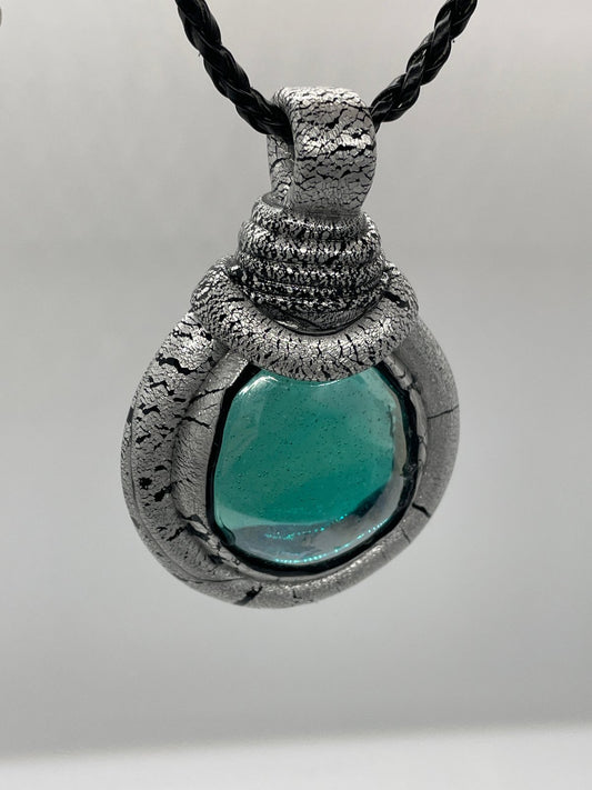 Aqua blue glass stone wrapped in silver classic turtle
