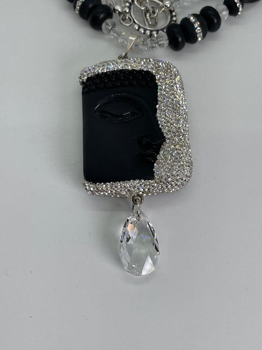 Buddha Black Face with Clear Crystals Teardrop Extension