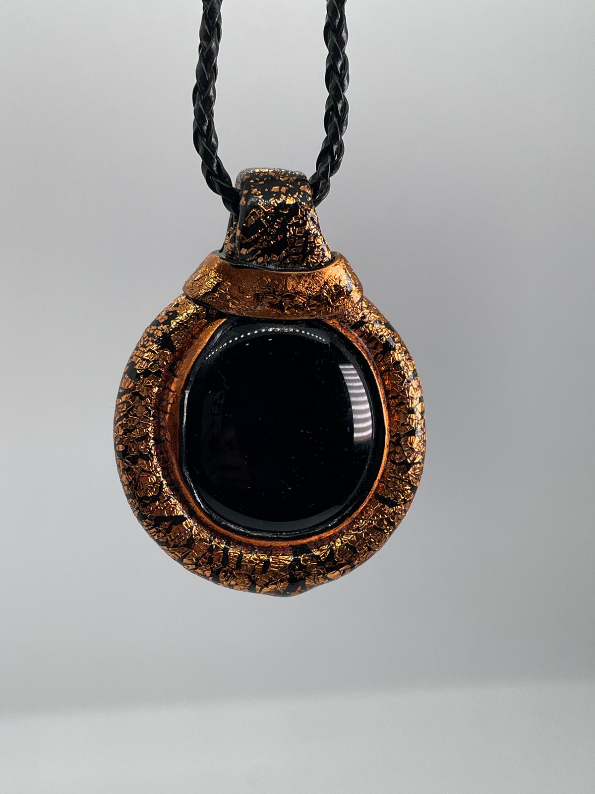 Black Glass Globule Wrapped in Metallic Copper Turtle Style Necklace