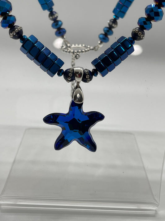 Blue Beaded Crystal Starfish Necklace & Bracelet