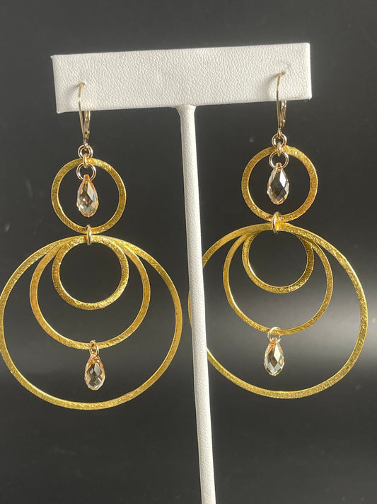 Brushed gold Vermeil Multi Circle Hoops w/ Golden Shade Teardrop Crystals