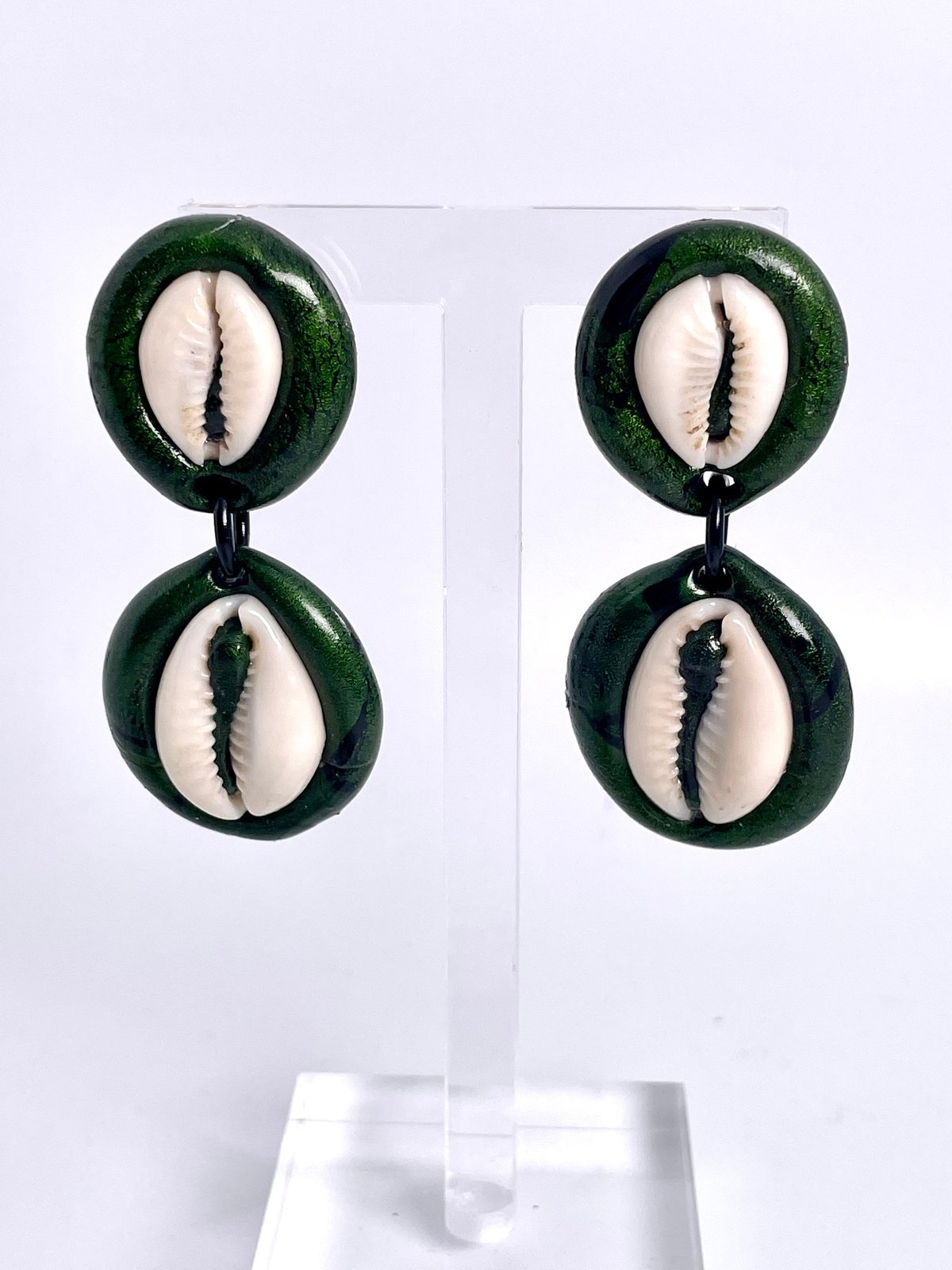 Cowry Shells in Green Clip-Ons