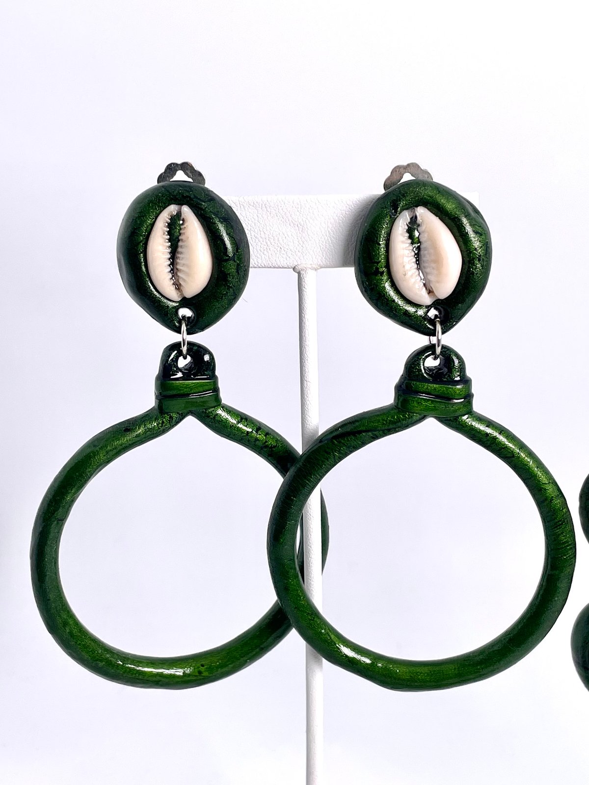 Green Cowry Shell Top Hoops Clip-ons