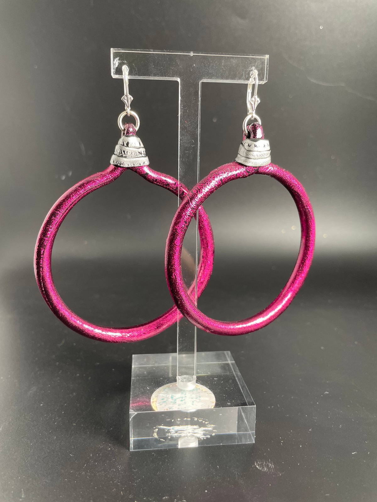 Large Wine/fuchsia Hoops with silver top details. 