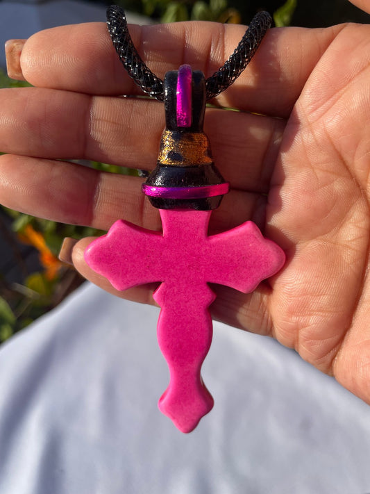 Pink Agate Cross in Black Top Wrap