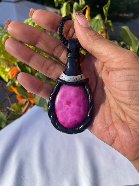 Pink Agate Turtle Style Set in Black Necklace