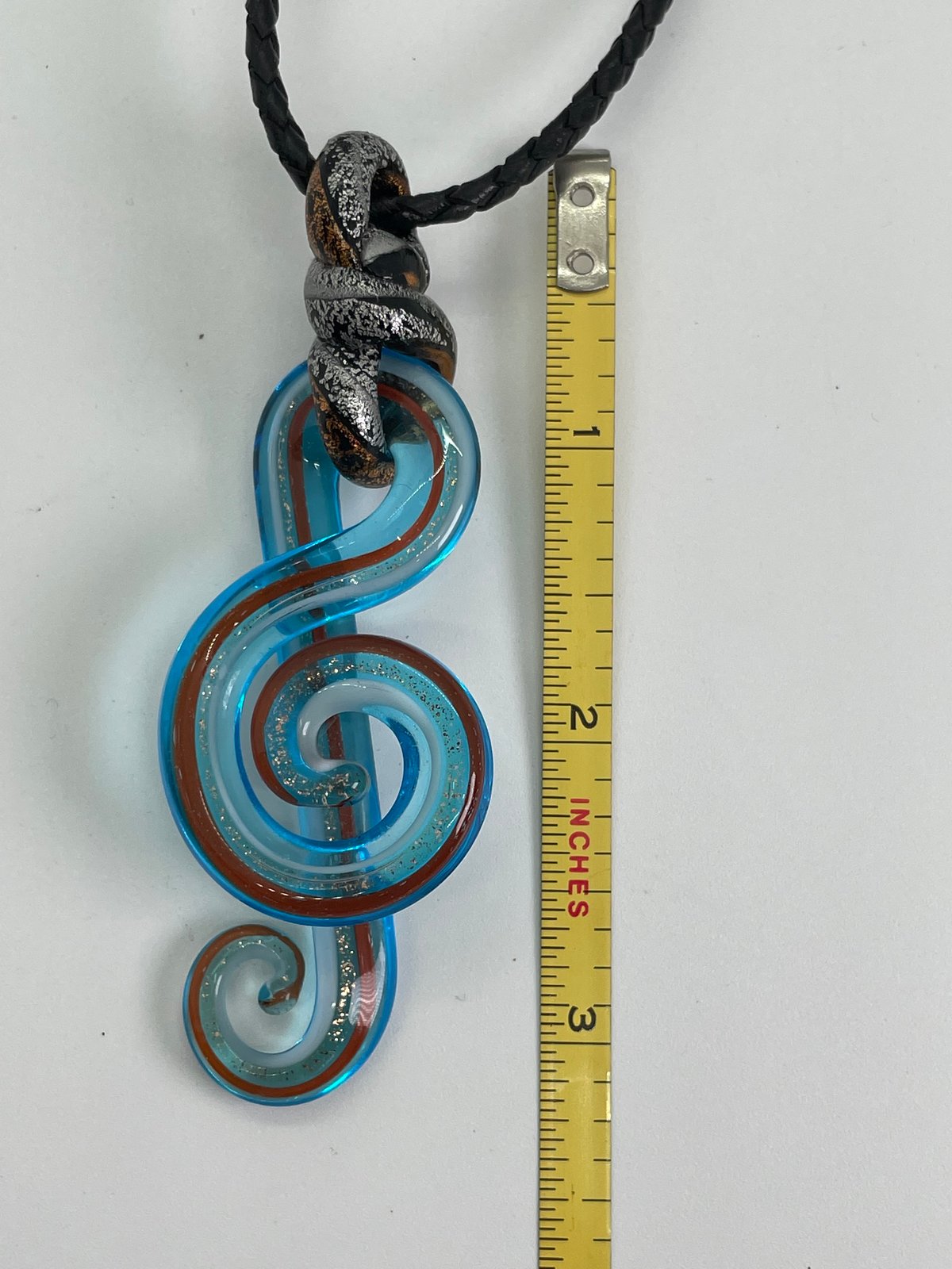 Turquoise and Copper Blown Glass Treble Clef Necklace