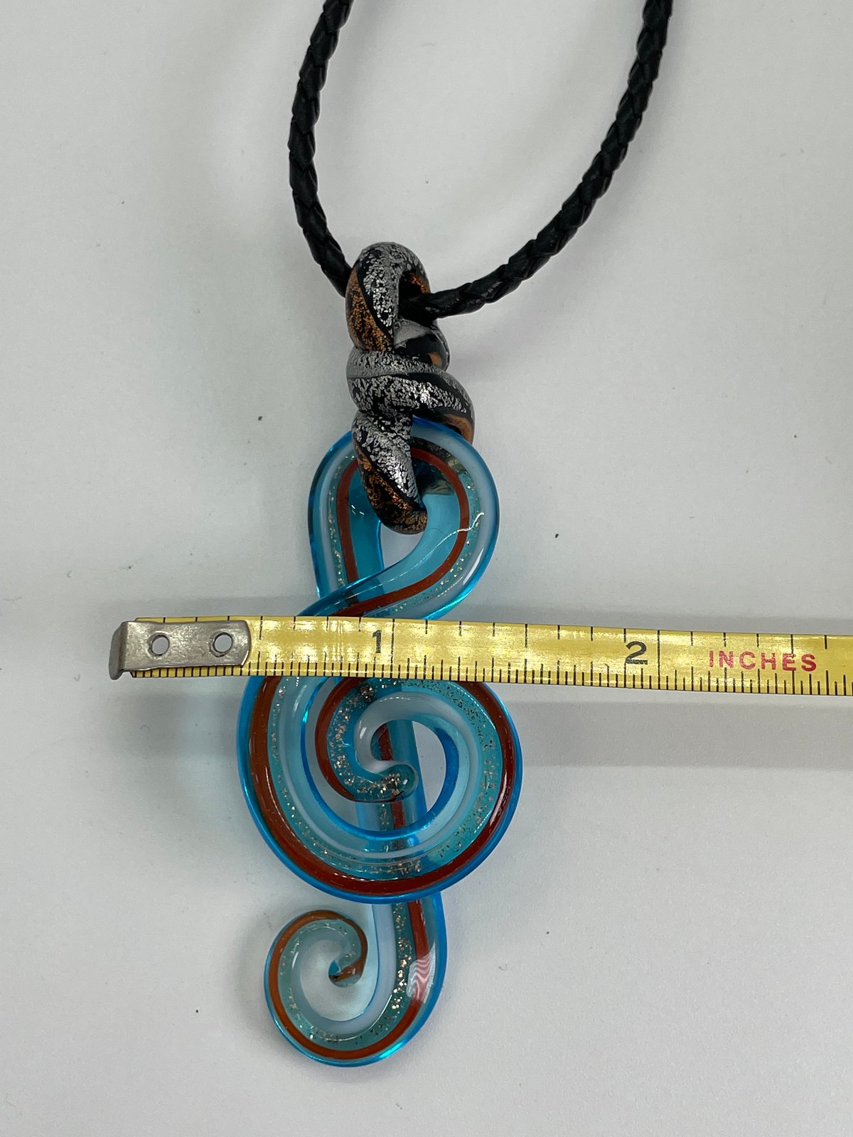 Turquoise and Copper Blown Glass Treble Clef Necklace