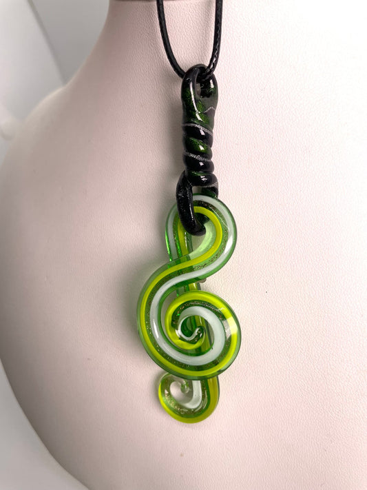 White green blown glass treble clef with through loop top wrap