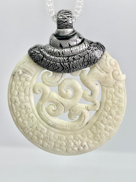White Jade Medallion with Silver Top Wrap